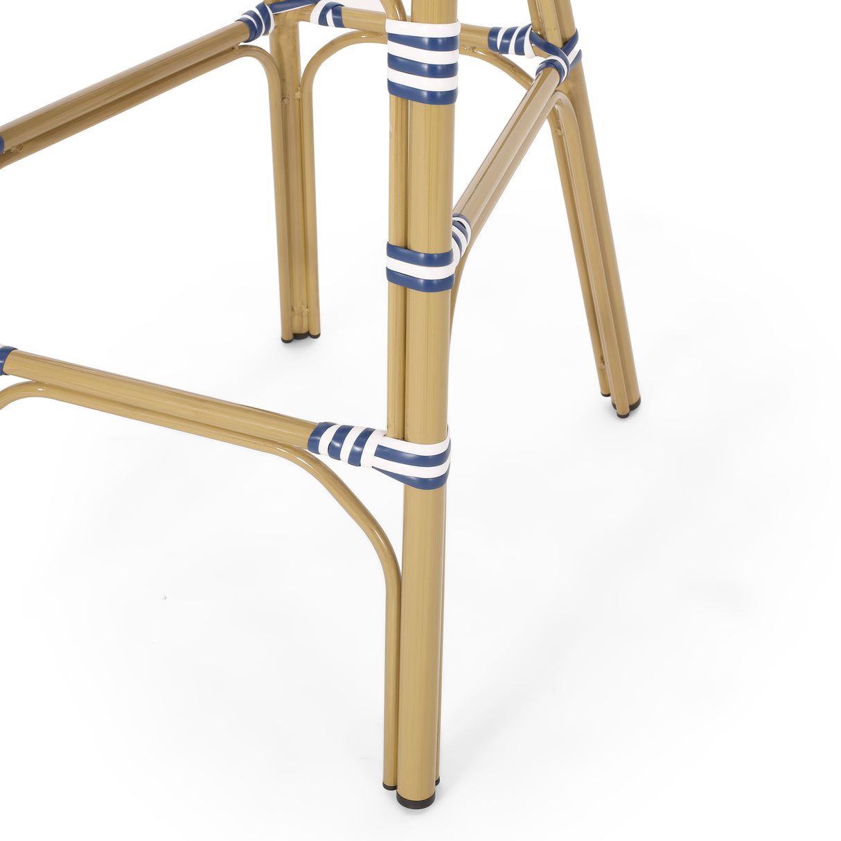 29.5" outdoor pe rattan french barstool, navy blue and white, aluminum frame with bamboo finish (set of 2)