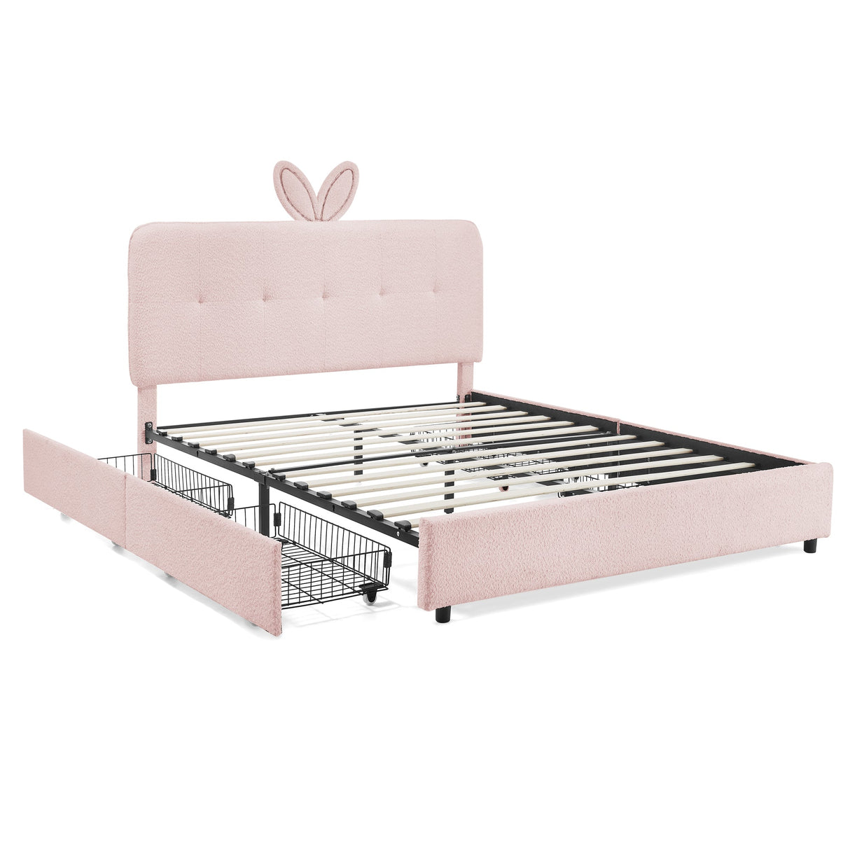 Full Size Kids Upholstered Bed with Oversized Rabbit Ear Headboard, LED Light & 4 Storage Drawers, Boucle Fabric (79.5''X55.75''X41'')