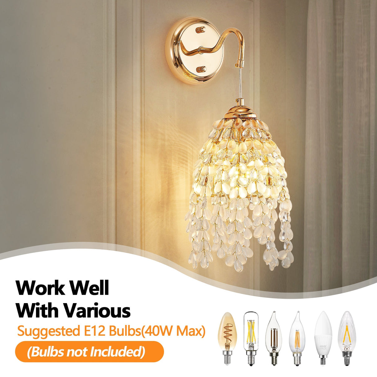 Set of 2 Gold Frame Crystal Grape-Shaped Bead Wall Sconces