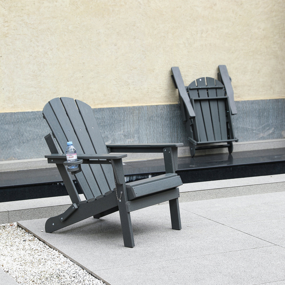 HDPE Folding Adirondack Chair with Dual Cup Holder - Gray Composite Wood Texture