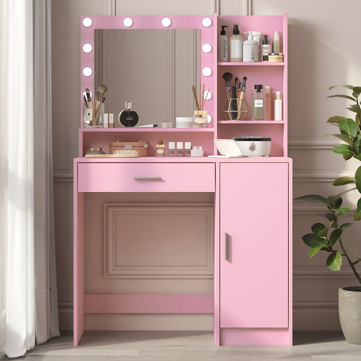 Pink Vanity Desk with Mirror & Light