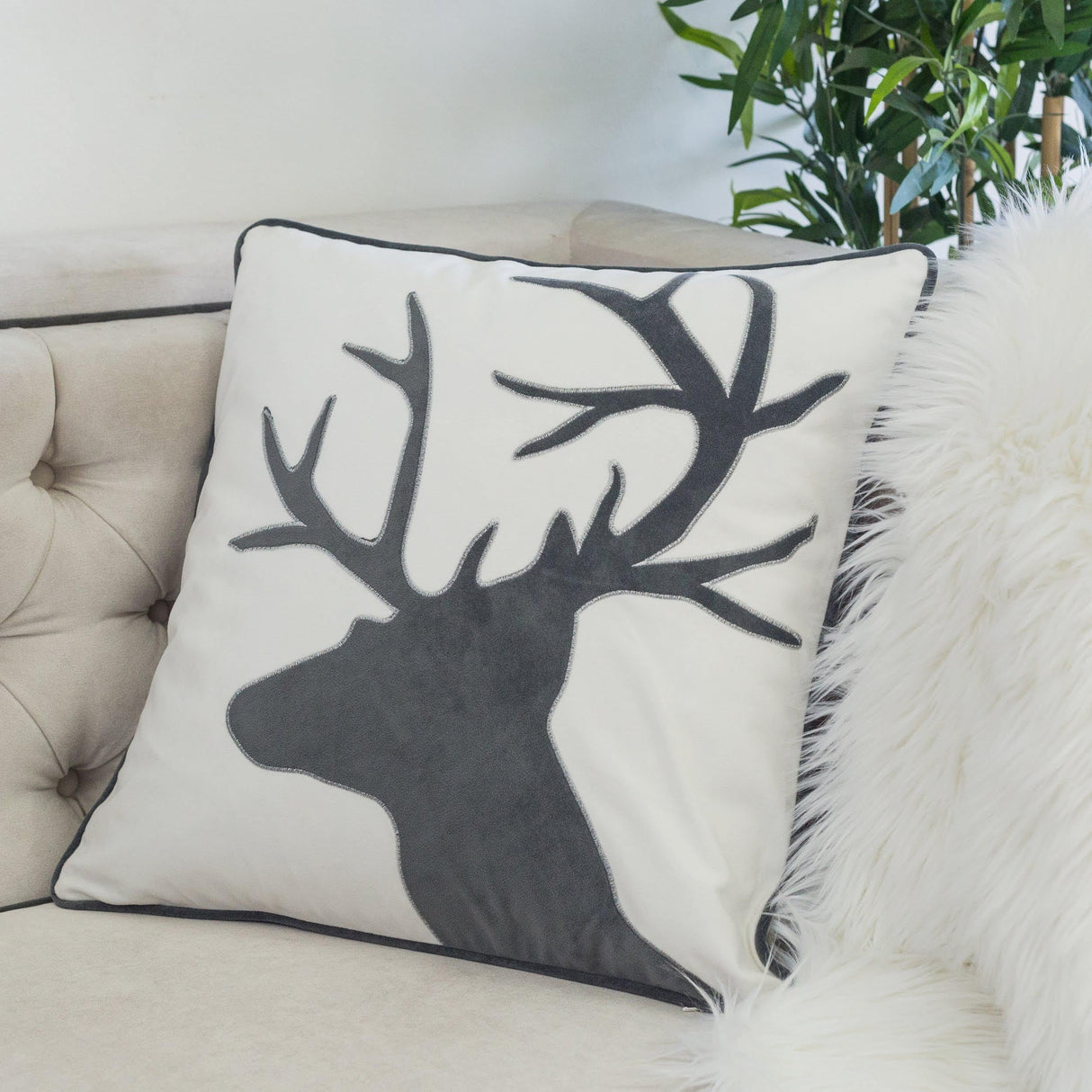 Holiday Reindeer Velvet Accent Pillow 20x20 – White and Gray with Insert
