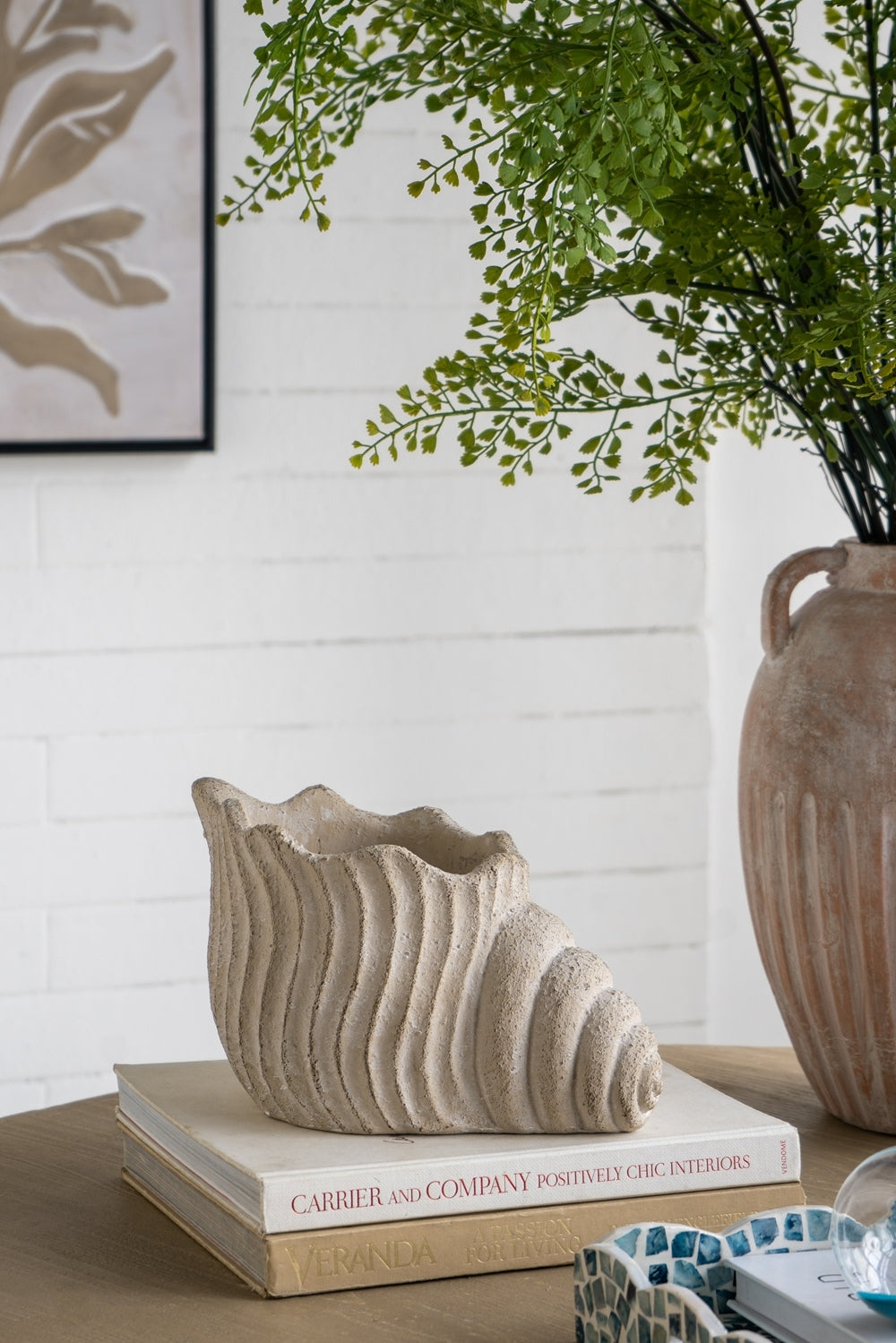 11.5x7x7' Sand and Cement Nautilus Shell Planter with Textured Beige Finish