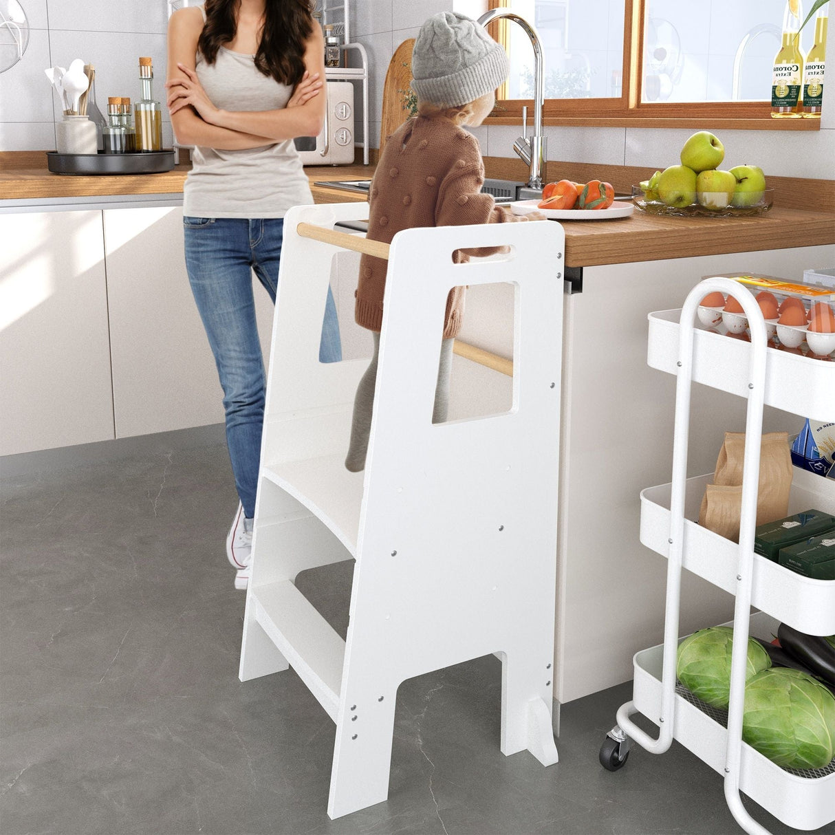 Standing Tower Child Kitchen Step Stool Toddler Montessori Stool Adjustable Height - White