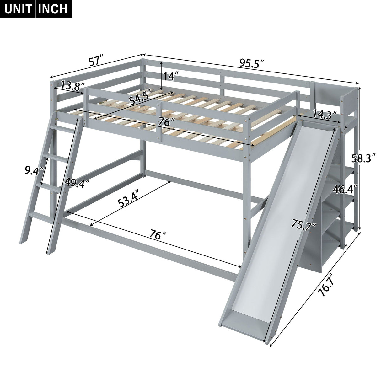 Bunk Bed With Ladder, Slide, And Shelves Pine Wood