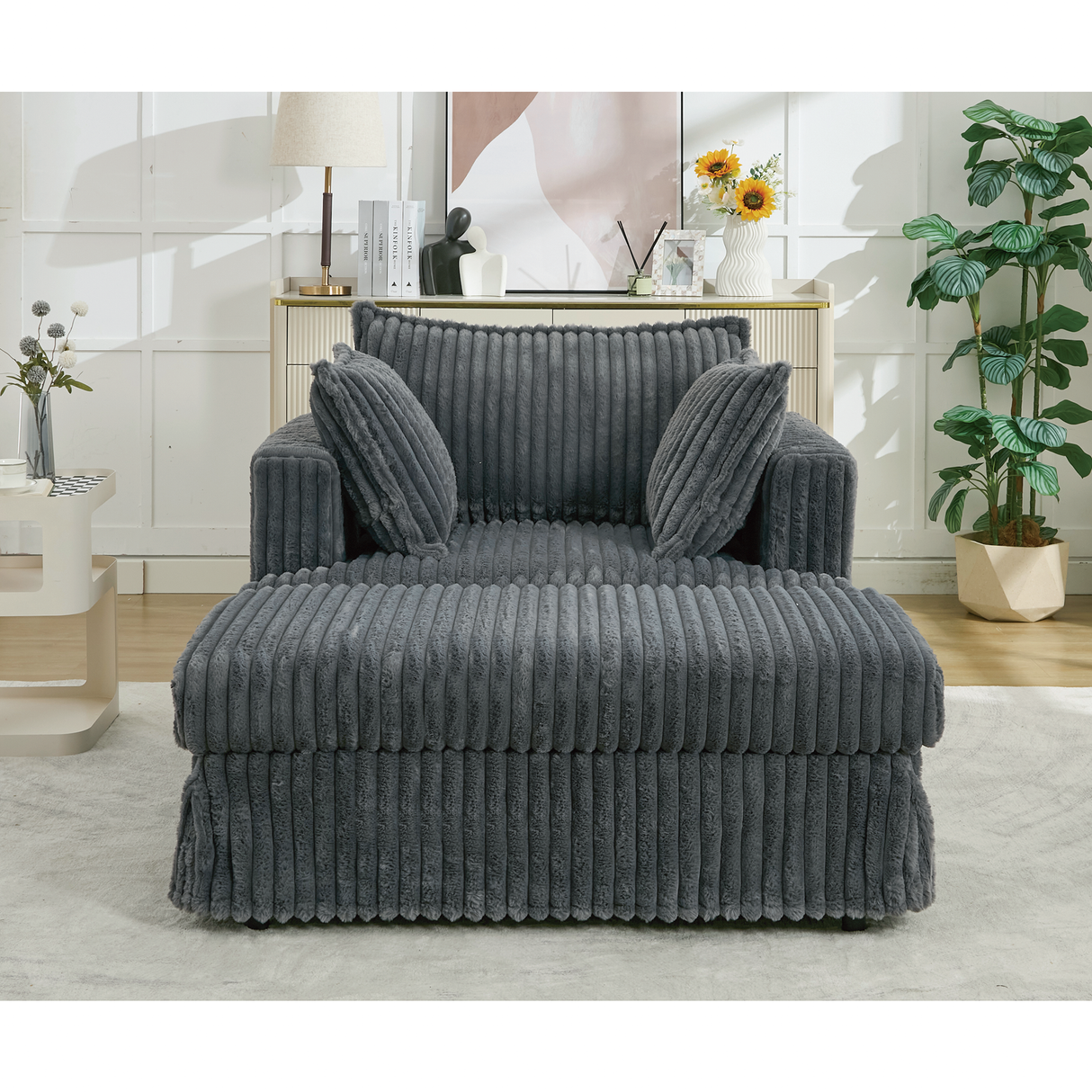 Oversized Corduroy Chaise Lounge with Ottoman in Dark Gray