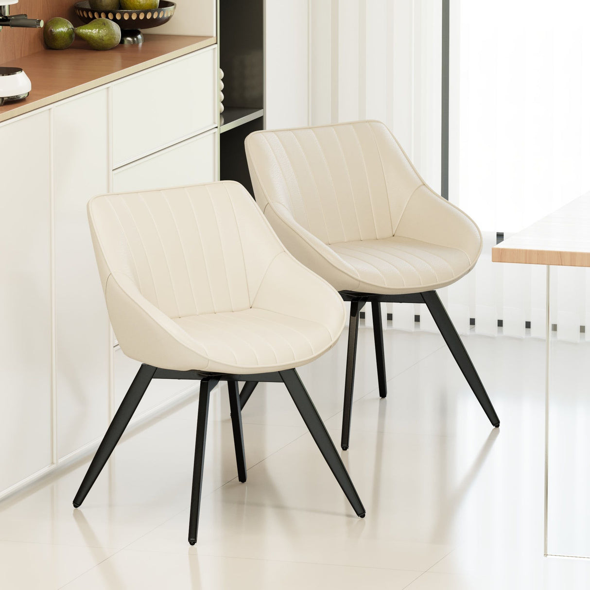 Round Coffee Table With 2 Dining Chairs Set, Ring Striped Design - Beige / Wood