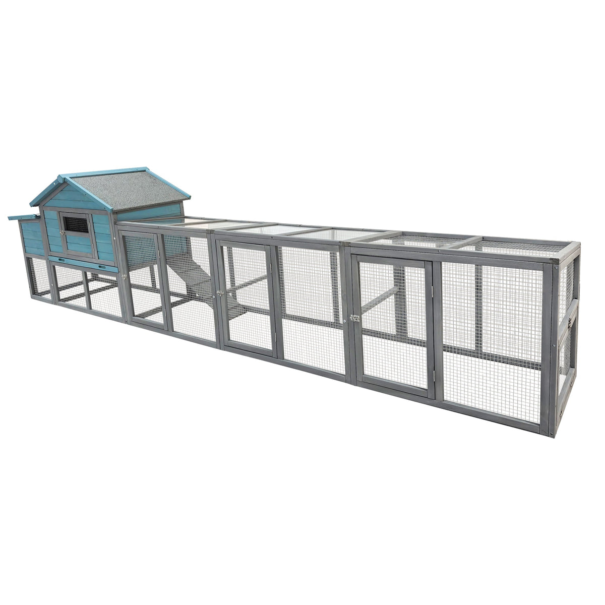 141" Large Wooden Chicken Coop with Nesting Box and Wire Fence - Blue-Gray