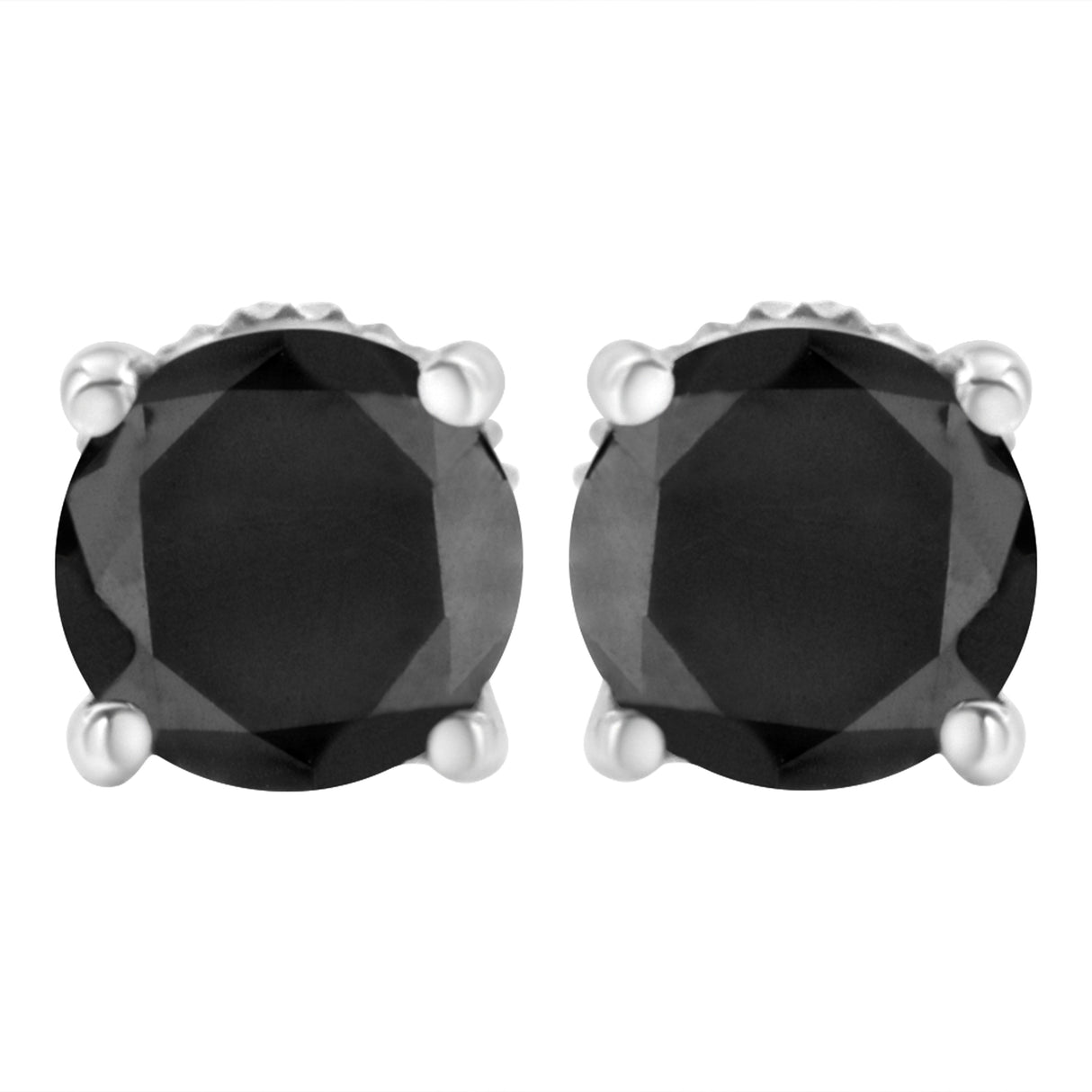 14K White Gold 2.00 Cttw Round Brilliant-Cut Black Diamond Classic 4-Prong Stud Earrings with Screw Backs (Fancy Color-Enhanced, I2-I3 Clarity)