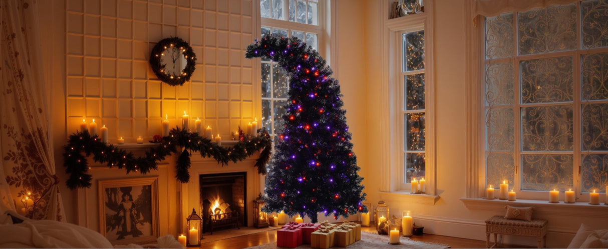 6Ft Curved Hat-Look Black Holiday Tree with Orange & Purple Lights
