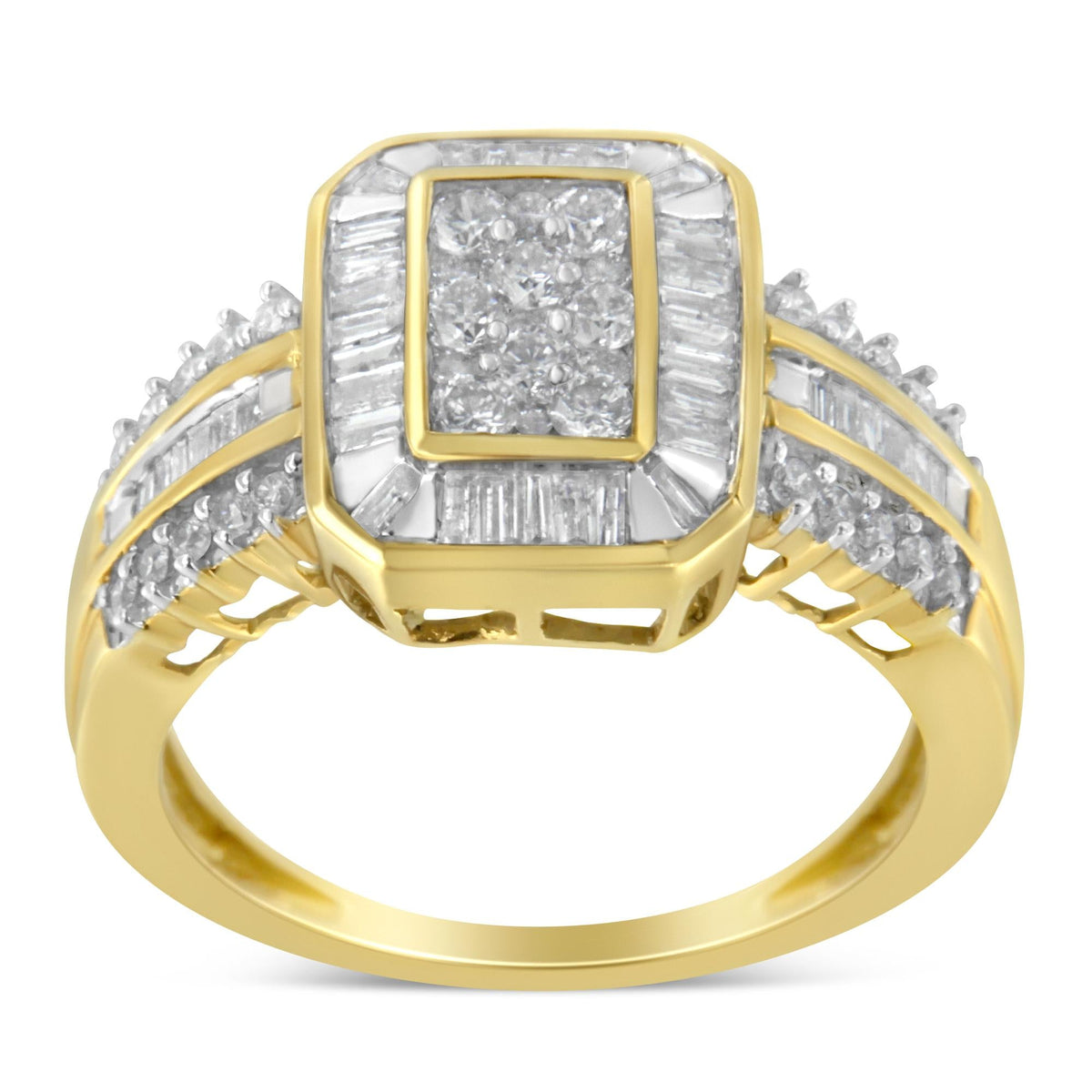 10K Yellow Gold Round and Baguette-Cut Diamond Cocktail Ring (1.0 Cttw, H-I Color, SI2-I1 Clarity)