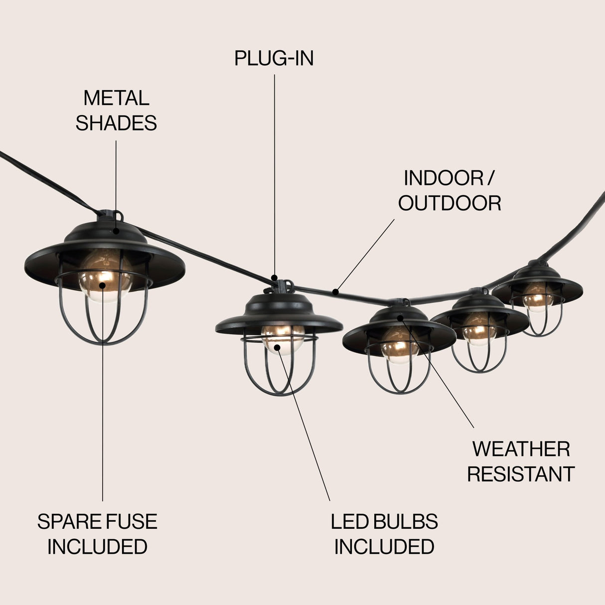 10 ft Farmhouse Outdoor String Lights with Stay - Lit Technology - Tuesday Morning - Outdoor Lighting