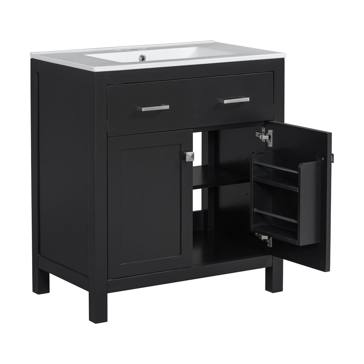 Bathroom Vanity With Ceramic Sink, Modern Single Bathroom Cabinet With 2 Doors And A Shelf, Soft Close Doors