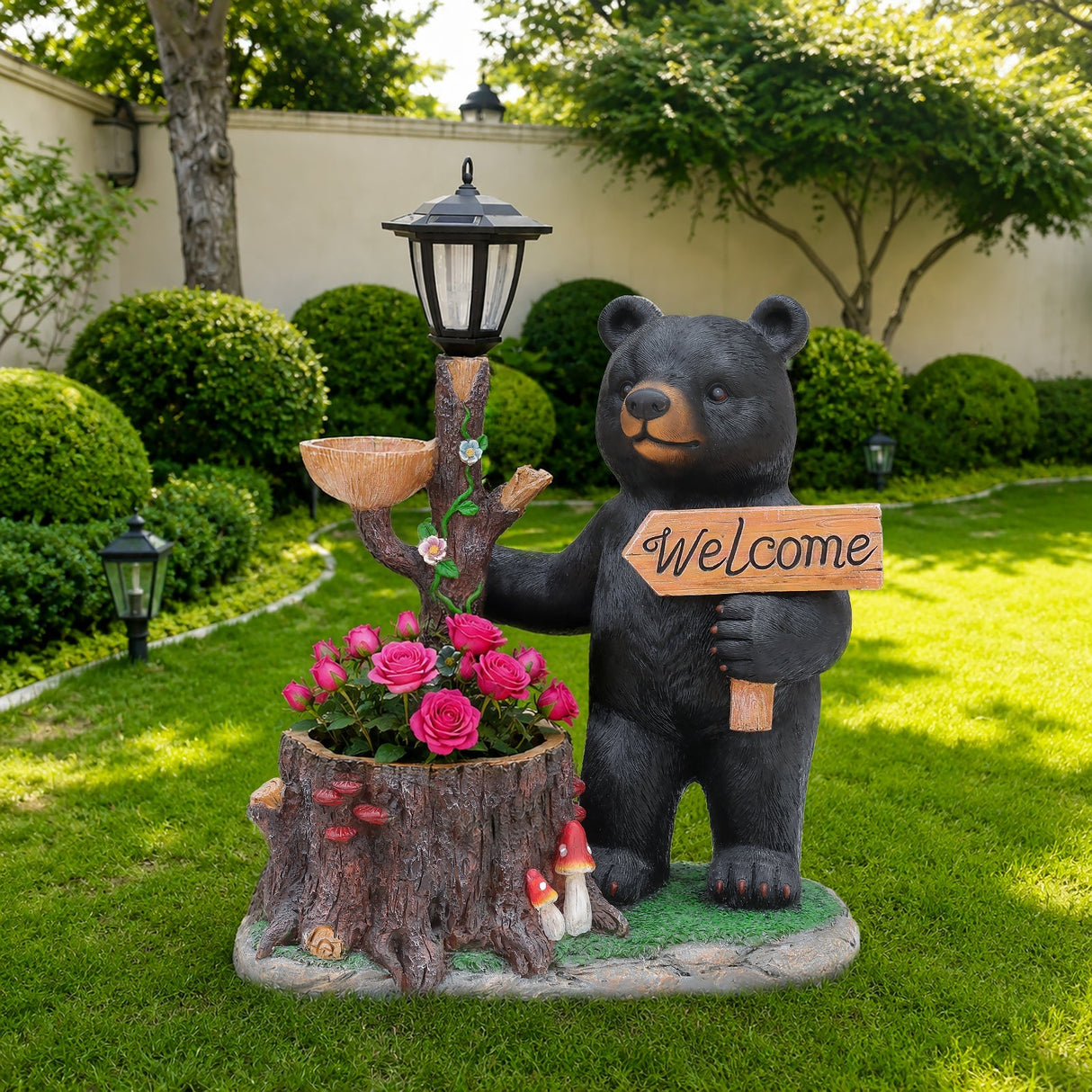 Decorative Standing Black Bear Garden Planter with Solar-Powered Lantern