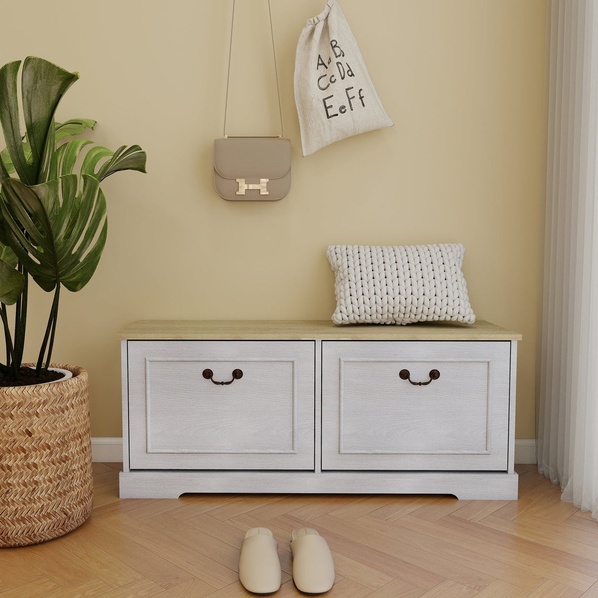 Shoe Storage Bench with 2 Flip Drawers and Adjustable Shelf - Antique