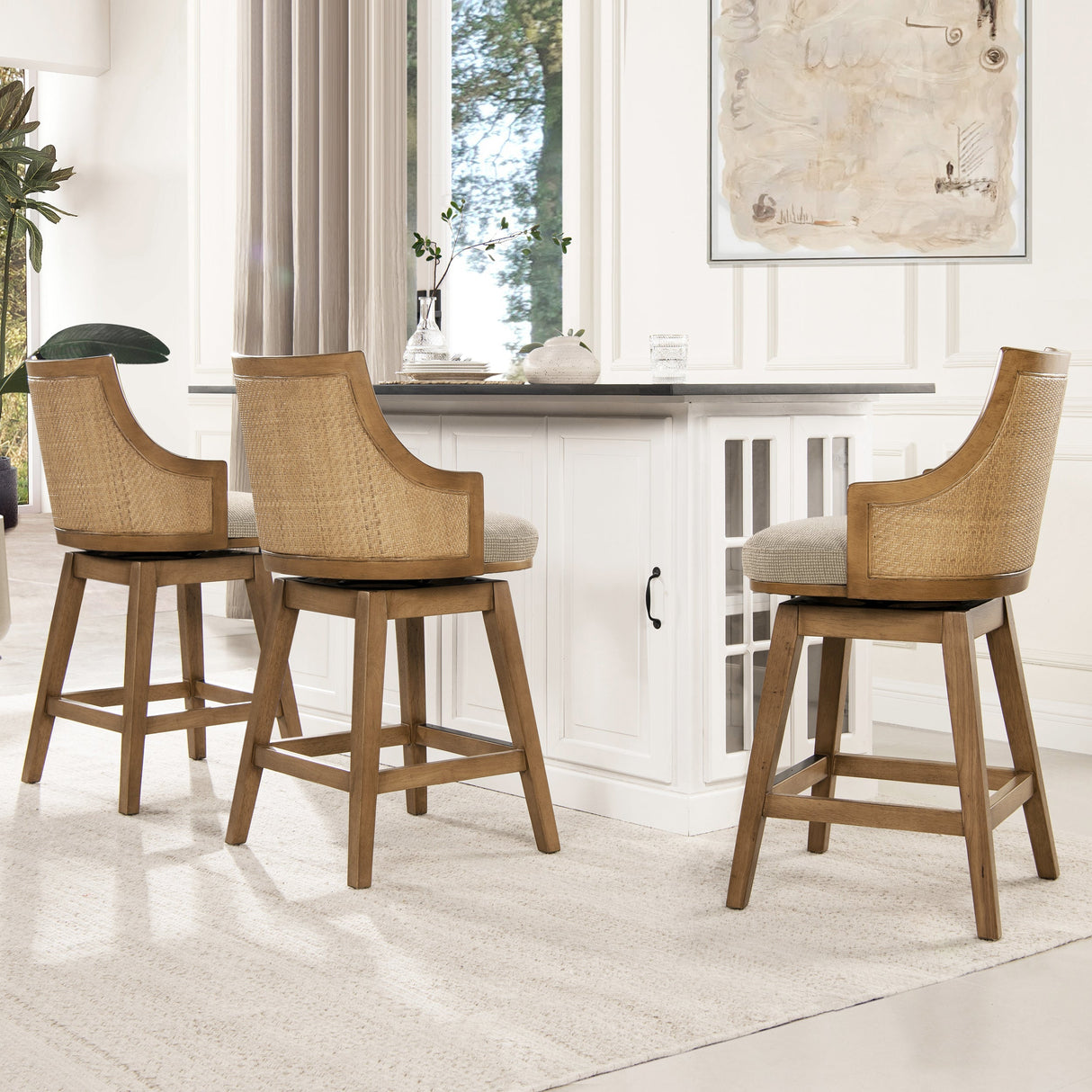 Bahama 26' Cane Rattan High-Back Swivel Counter Stool with Recessed Arms, Taupe Beige Textured Weave
