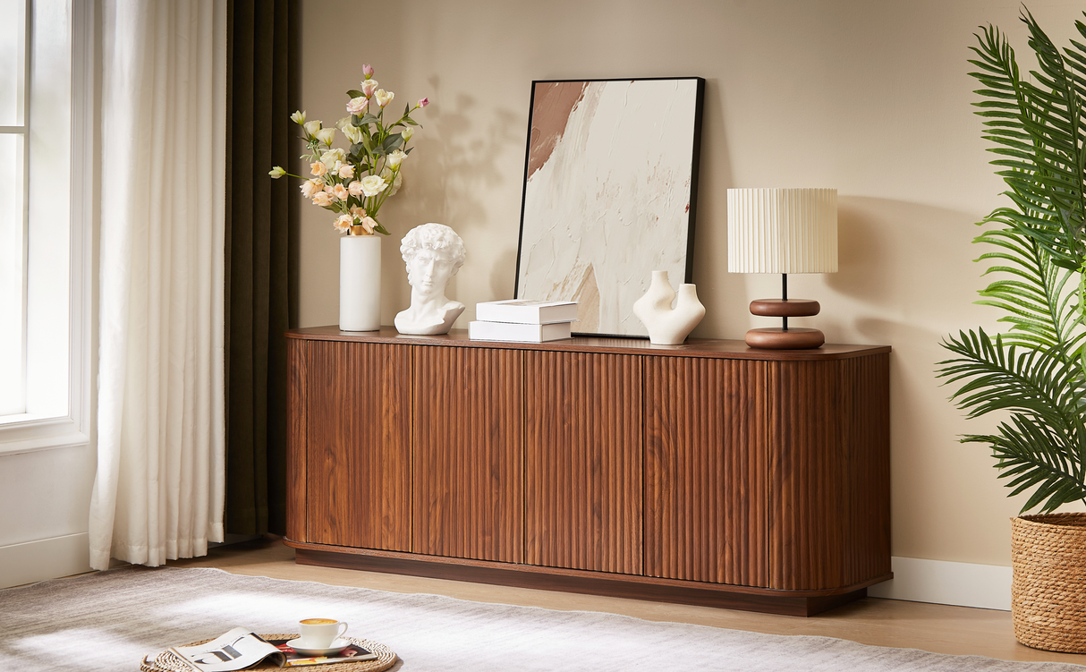 Sideboard Storage Cabinet TV Stand with Wave Pattern in Walnut
