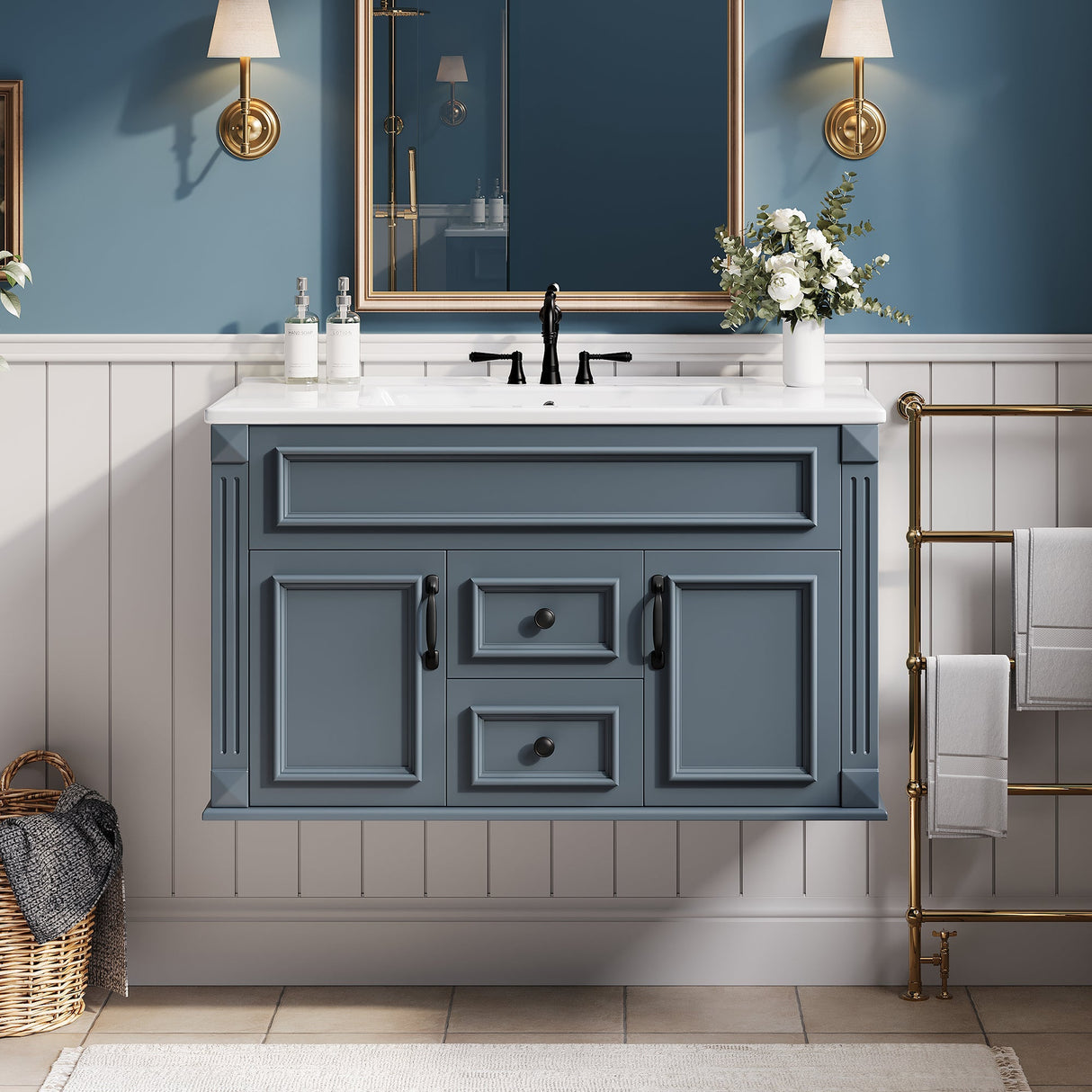 36 Inch Wall Mounted Bathroom Cabinet with Ceramic Sink and Drawers