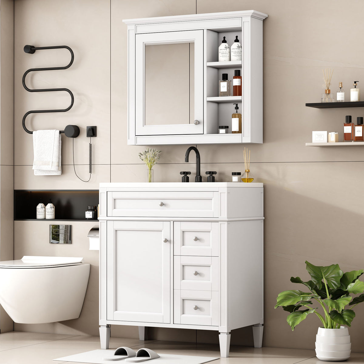 Bathroom Vanity With Top Sink, 2 Doors And 3 Drawers, Freestanding Set With Mirror Cabinet