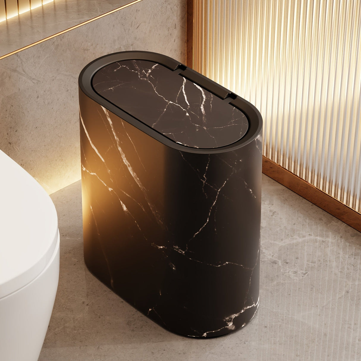 Marble Bathroom Trash Can with Lid Oval Small Kitchen Garbage Bin