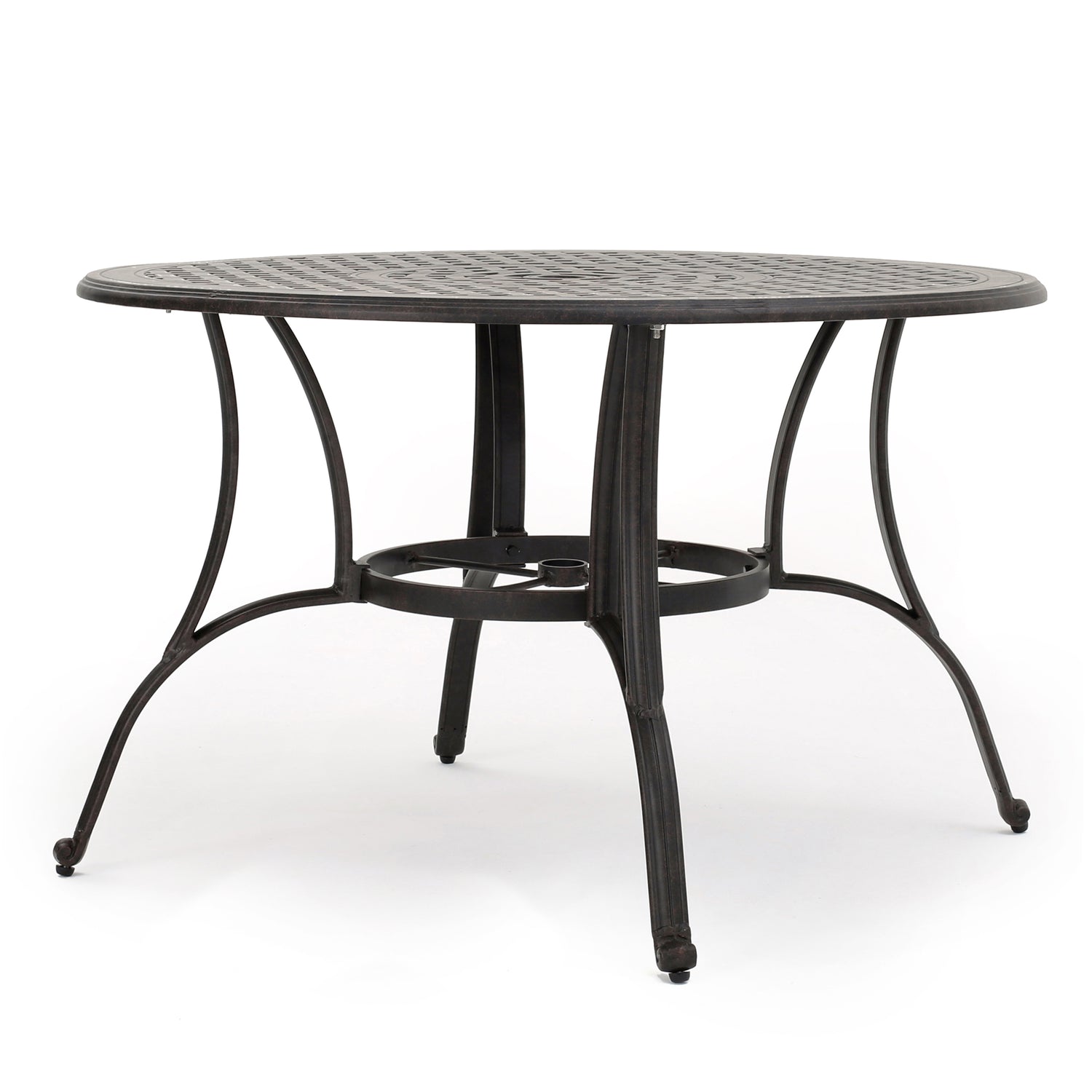 Outdoor cast aluminum circular dining table, bronze