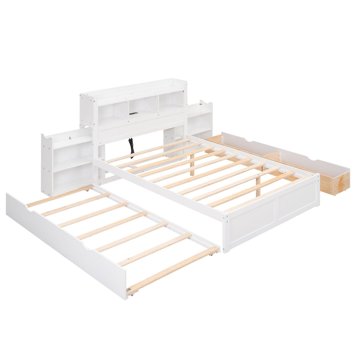 Storage Platform Bed With Pull Out Shelves, Trundle, And 2 Drawers