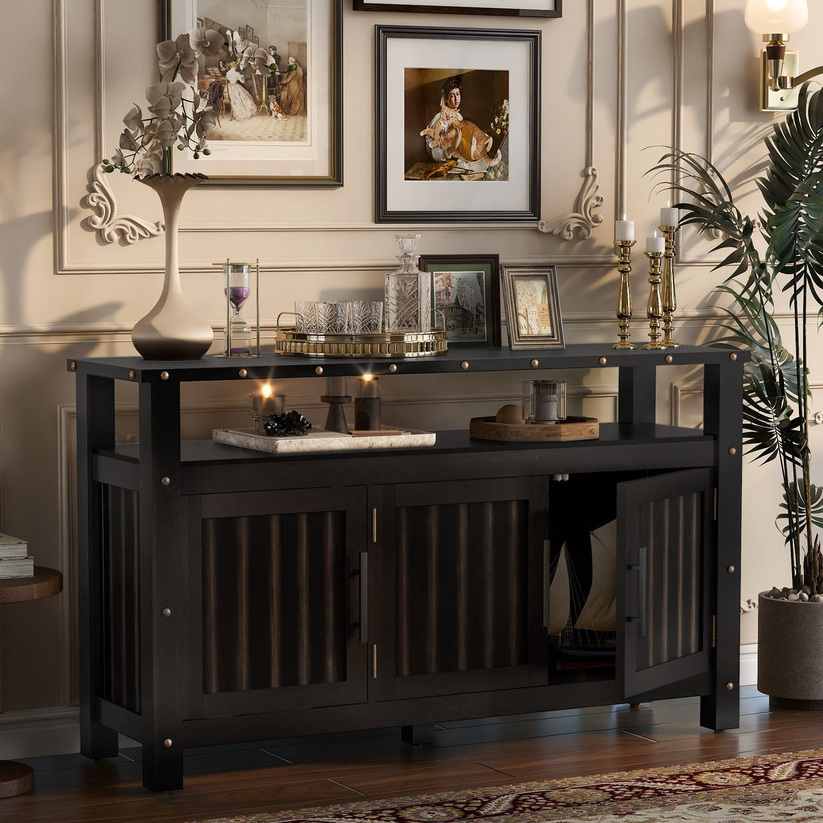 U_Styled 55.1'' Pine Wood Buffet Cabinet with 3-Door Storage