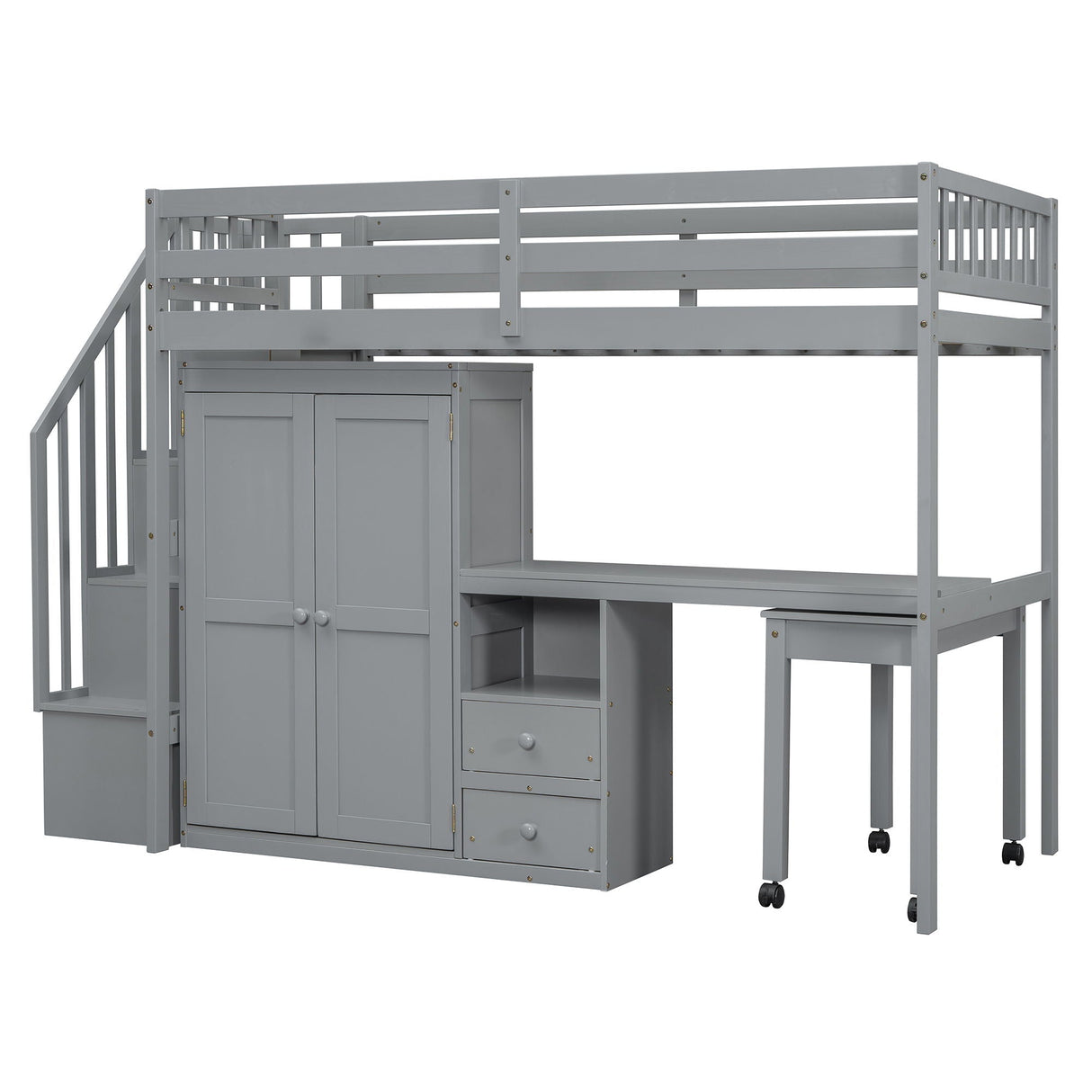 Loft Bed With Stairs, Bookshelf, Drawers, Desk & Wardrobe, Space Saving Multifunctional Furniture