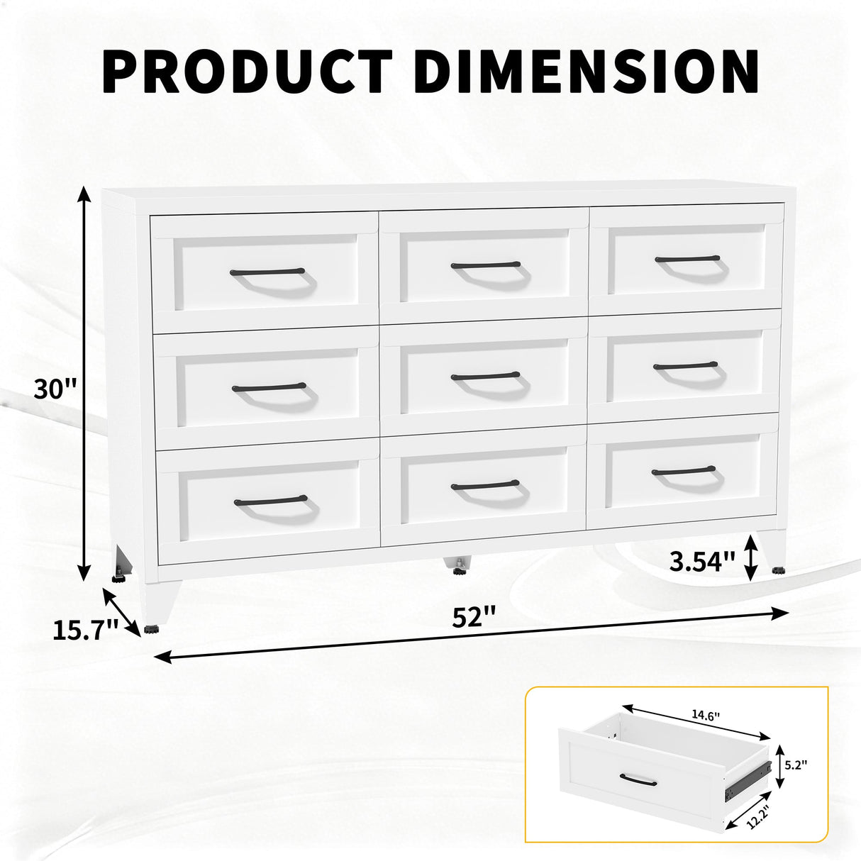 9 Drawer Dresser for Bedroom, Metal Profile Chest of Drawers, White Bedroom Dresser with Storage Drawers for Closet, Hallway, Entryway, Steel Furniture with Quiet-Glide Rails, Easy-Clean & Scratch