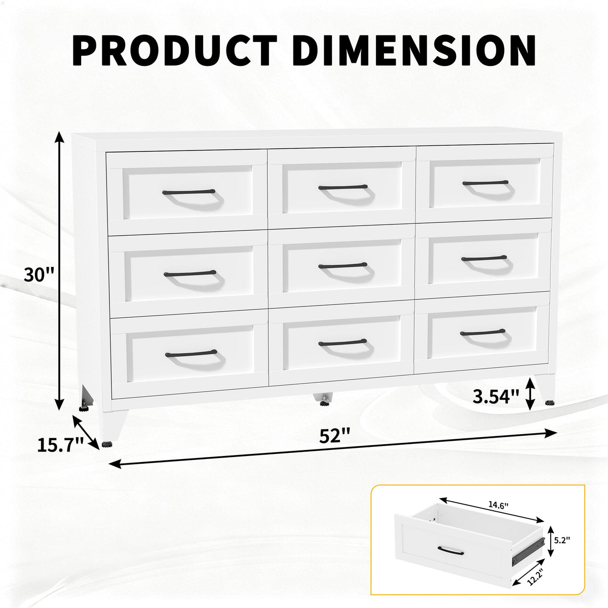 9 Drawer Dresser for Bedroom, Metal Profile Chest of Drawers, White Bedroom Dresser with Storage Drawers for Closet, Hallway, Entryway, Steel Furniture with Quiet-Glide Rails, Easy-Clean & Scratch