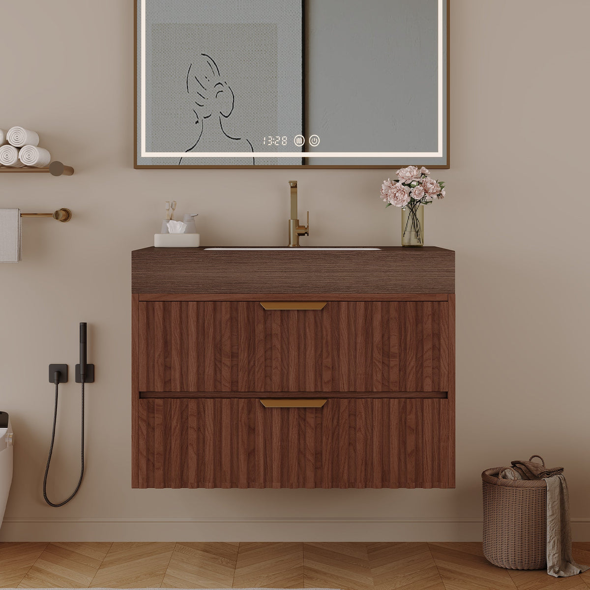 30" Modern Floating Bathroom Vanity with Seamless Sintered Stone Top & Ceramic Basin – 2 Soft-Close Drawers, Wall-Mounted