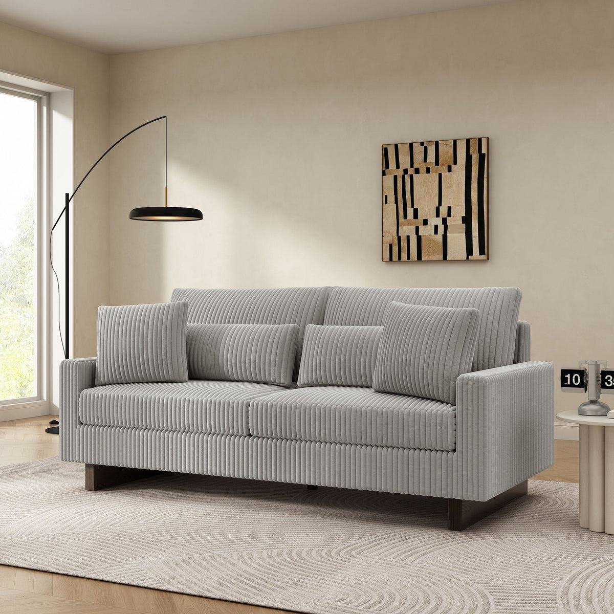 Modern Loveseat Sofa with 4 Pillows - Fabric Upholstery - Beige, Black, or Dark Gray