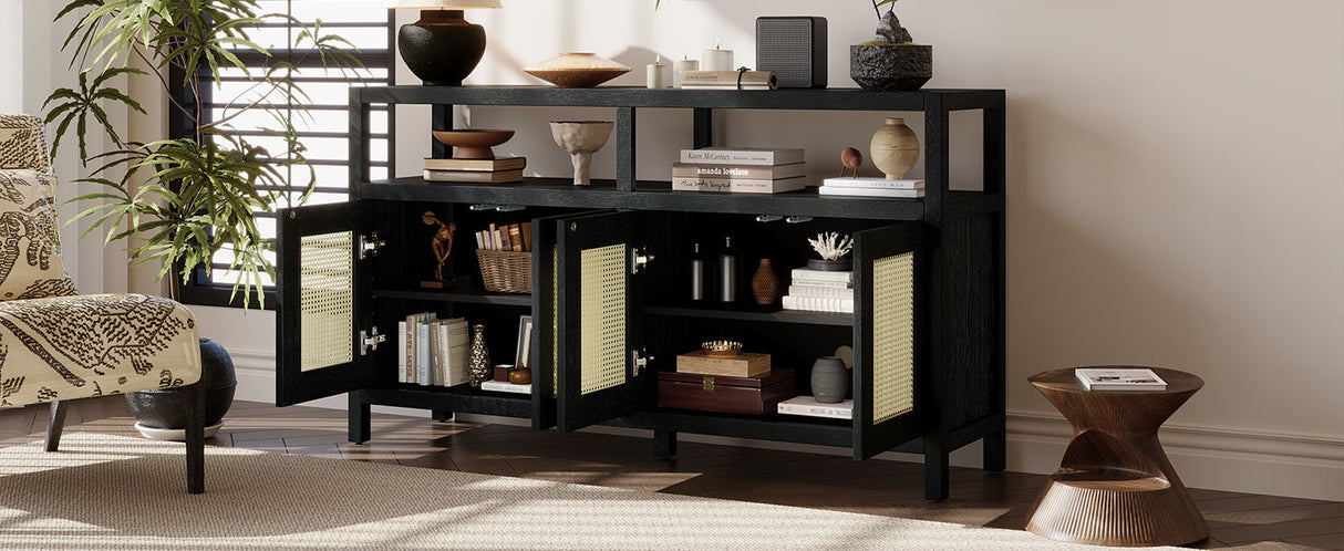 TREXM Bohemian Style Rattan Buffet Storage Cabinet with Solid Wood Frame