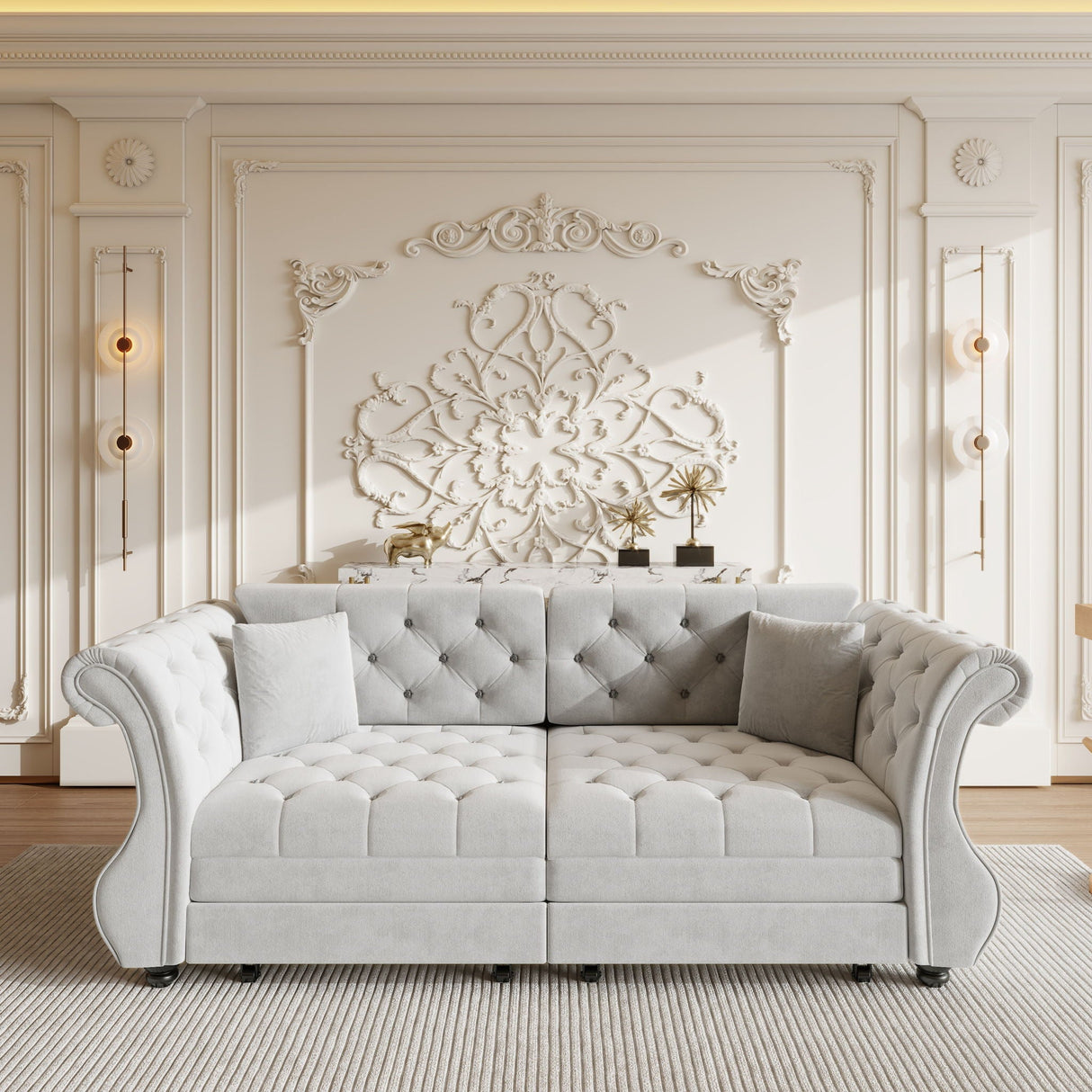 Oversized Chesterfield Pull Out Sofa Bed, Roll Arm Couch With Flower Tufting For Living Room