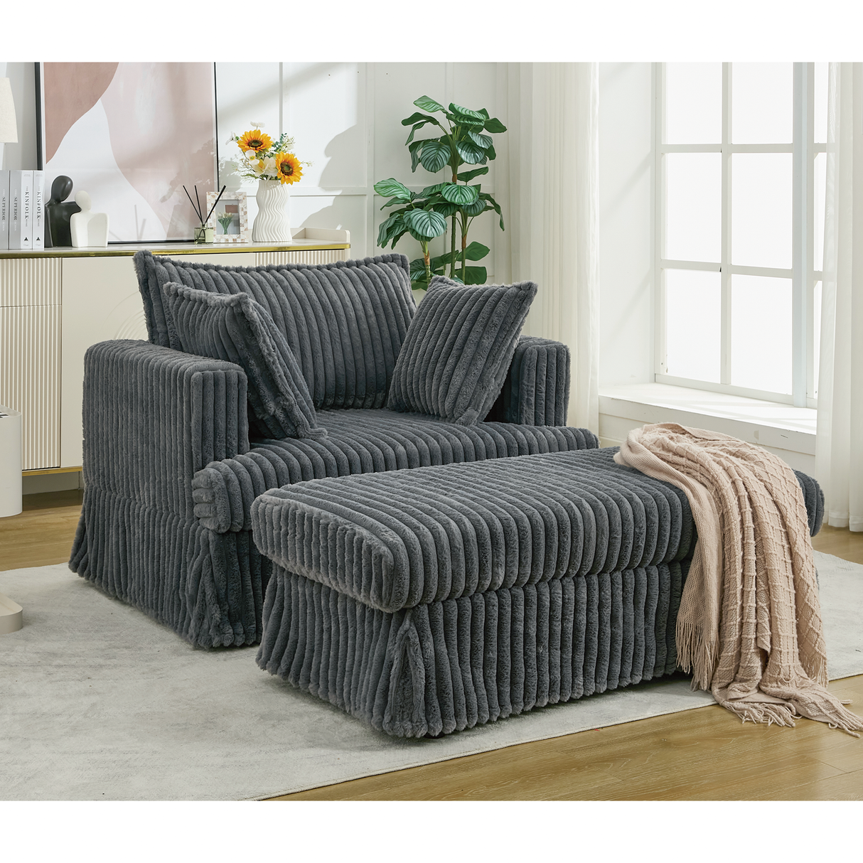 Oversized Corduroy Chaise Lounge with Ottoman in Dark Gray