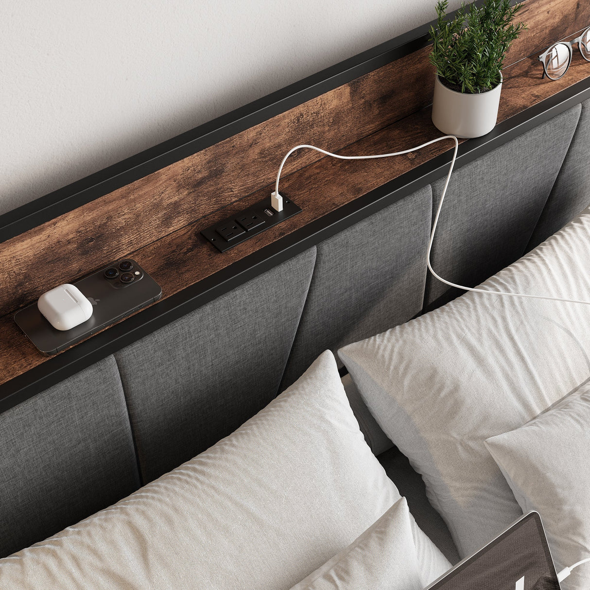 Upholstered Platform Bed with Storage and Charging Station in Vintage Brown and Gray