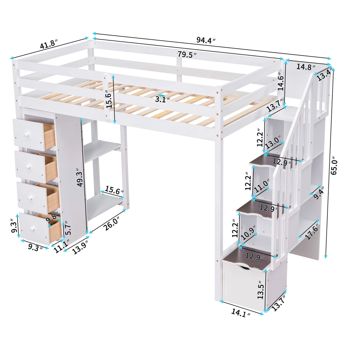Loft Bed With Storage Drawers And Stairs With Shelves