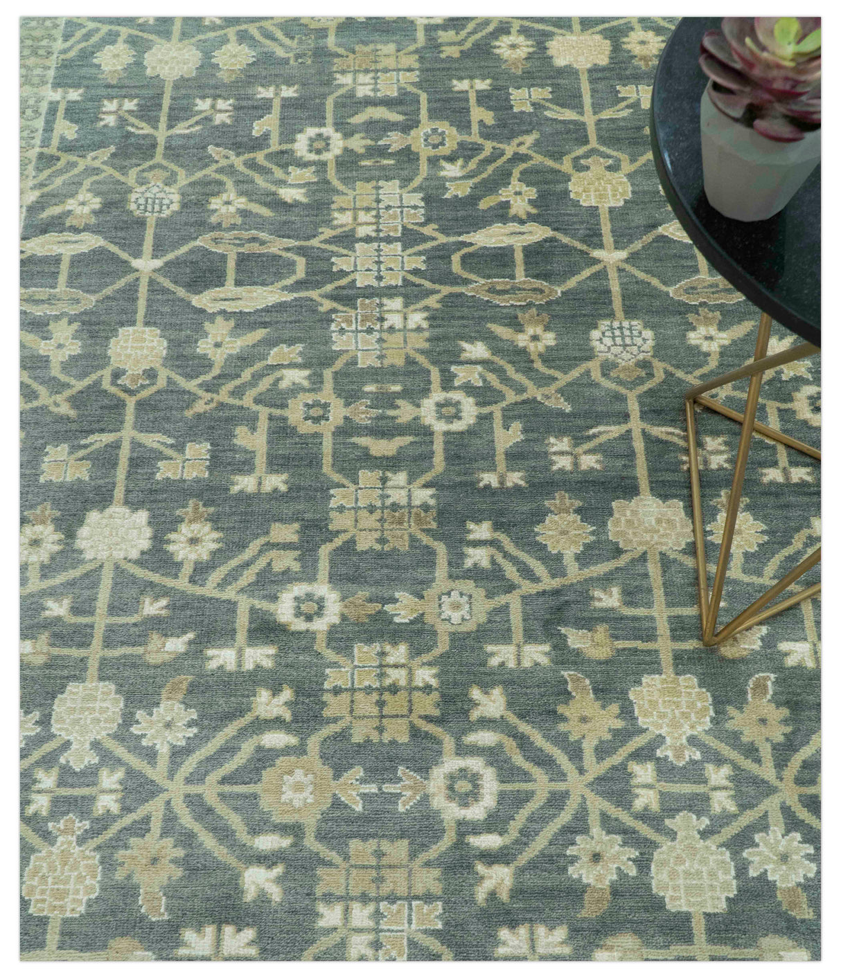 Traditional Design Charcoal And Beige 9x12 Hand Knotted Wool Area Rug