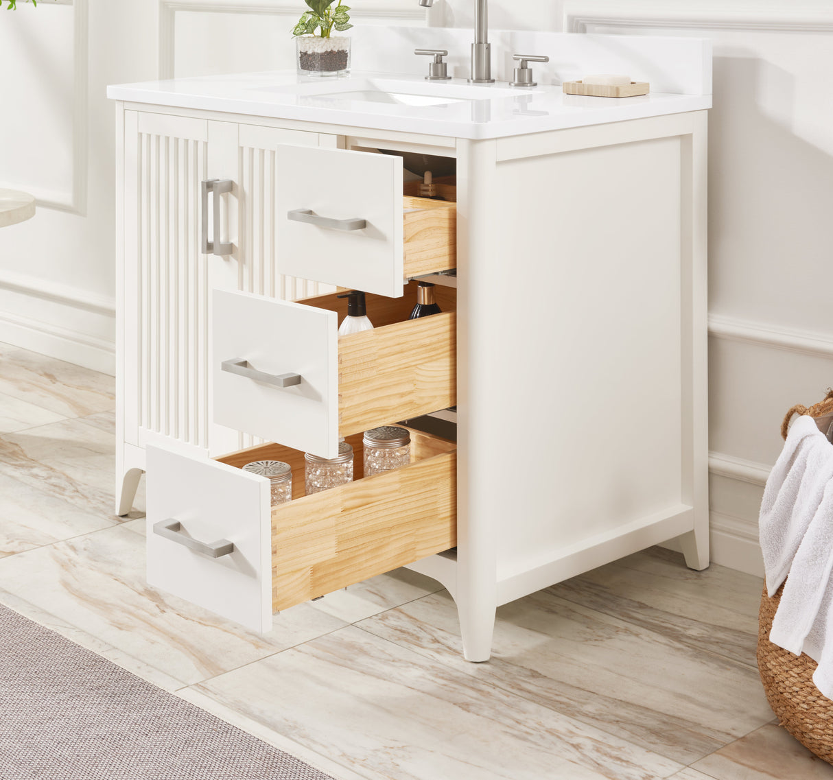 36 Inch Solid Wood Pre-Assembly Bathroom Vanity with US Power - White