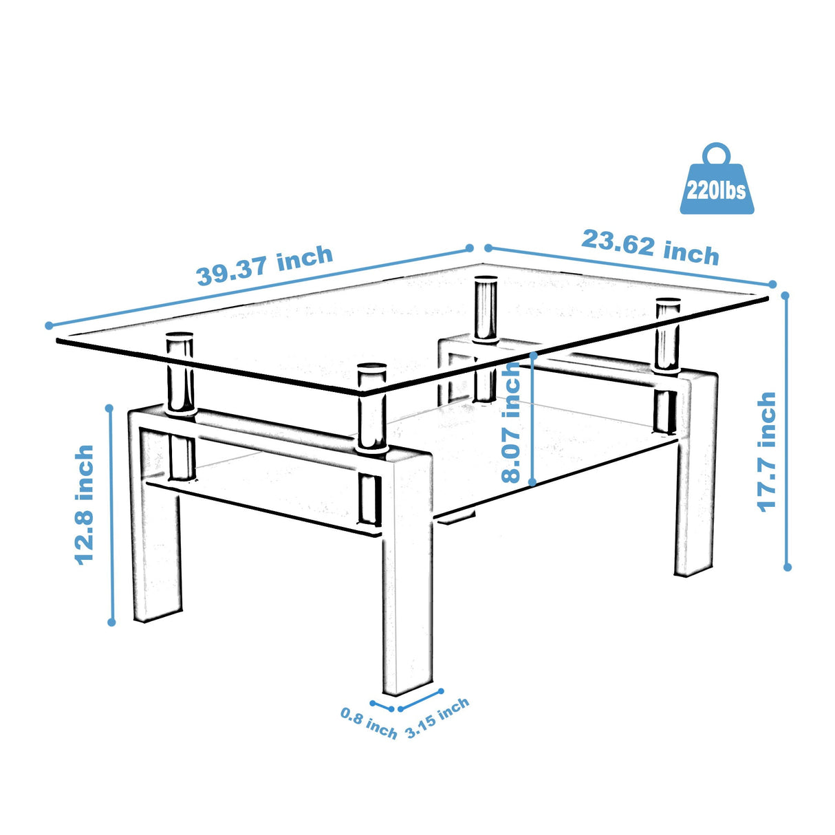 Modern Rectangular Coffee Table With Tempered Glass Top