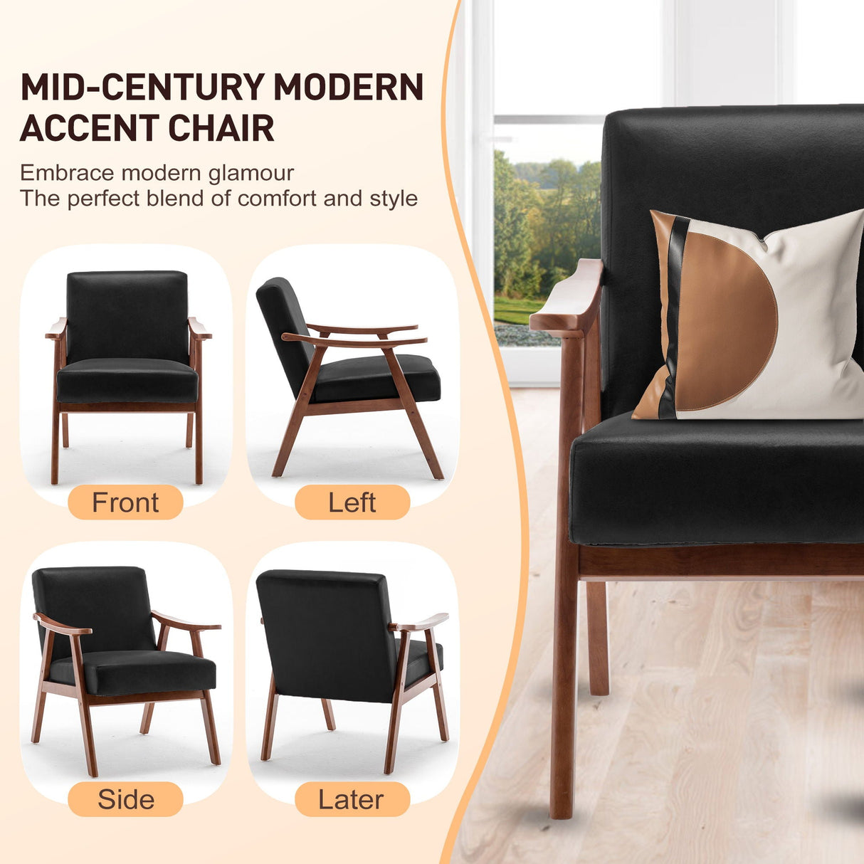 Mid Century Modern Accent Chair With Solid Wood Frame And Extra Thick Backrest