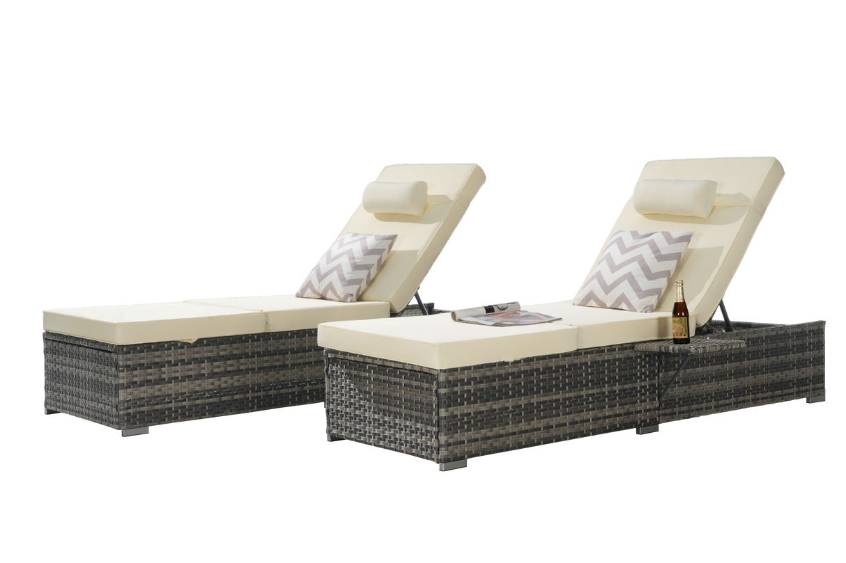 Outdoor Chaise Lounge Chair Set of 2 with Storage Patio Pool Chairs Tanning Lounges for Outside,Beach Rattan Recliners with Adjustable Backrest, Table, Cushion for Poolside Backyard Garden