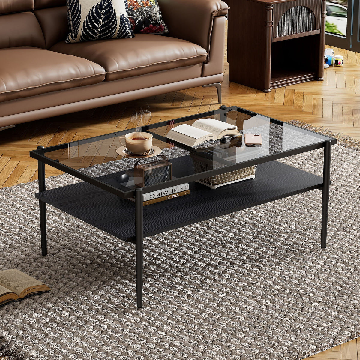 Rectangle Coffee Table With Tempered Glass Top And Legs, Modern Table For Living Room