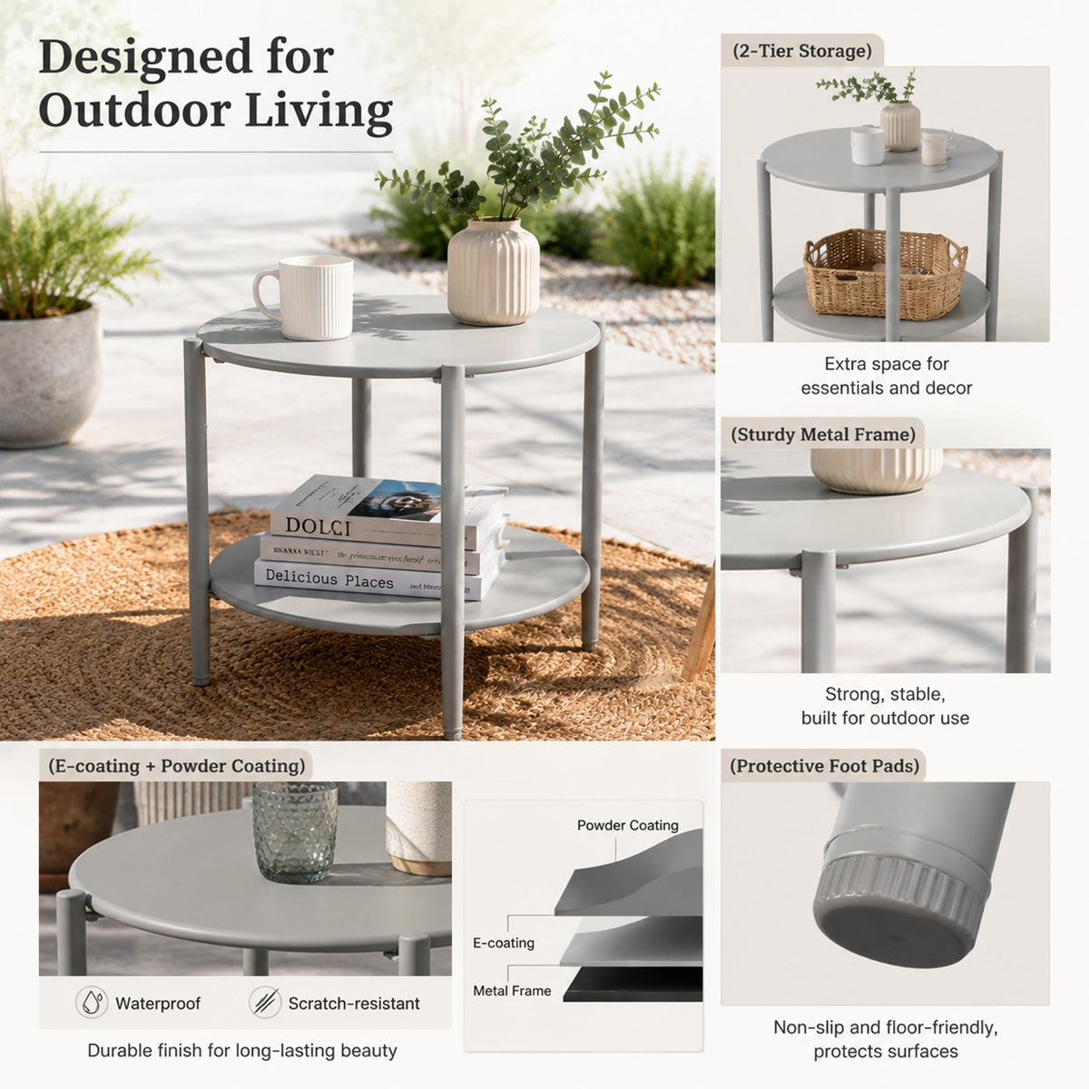 Metal Round Side Table - 2-Tier Outdoor End Table