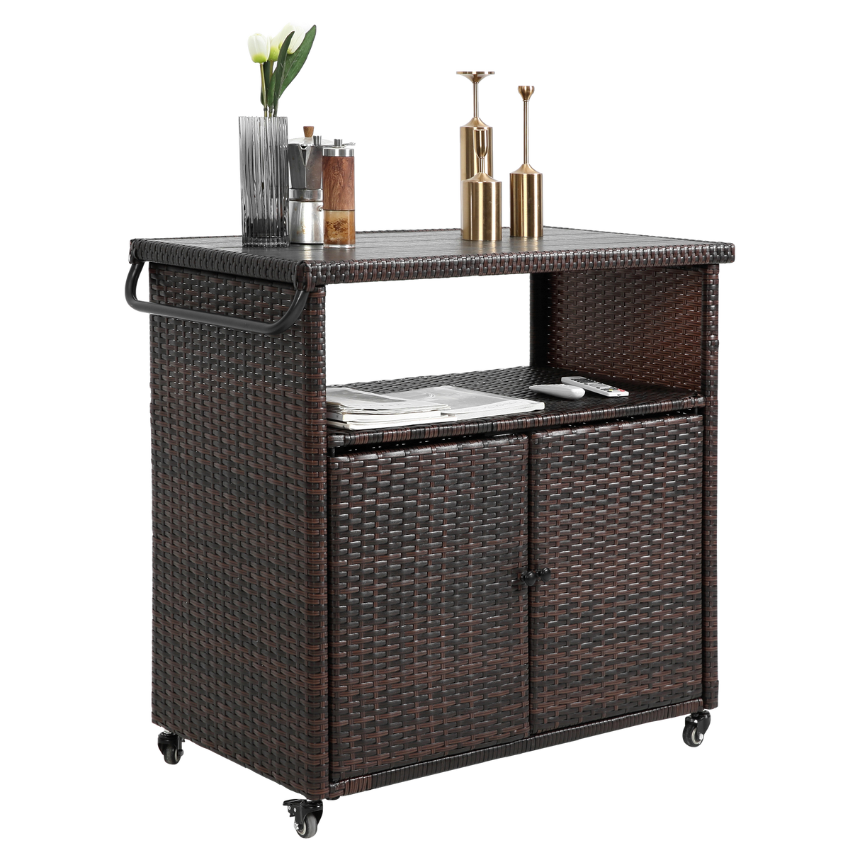 Outdoor Wicker Bar Cart with Glass Top and Wheels - Light Brown