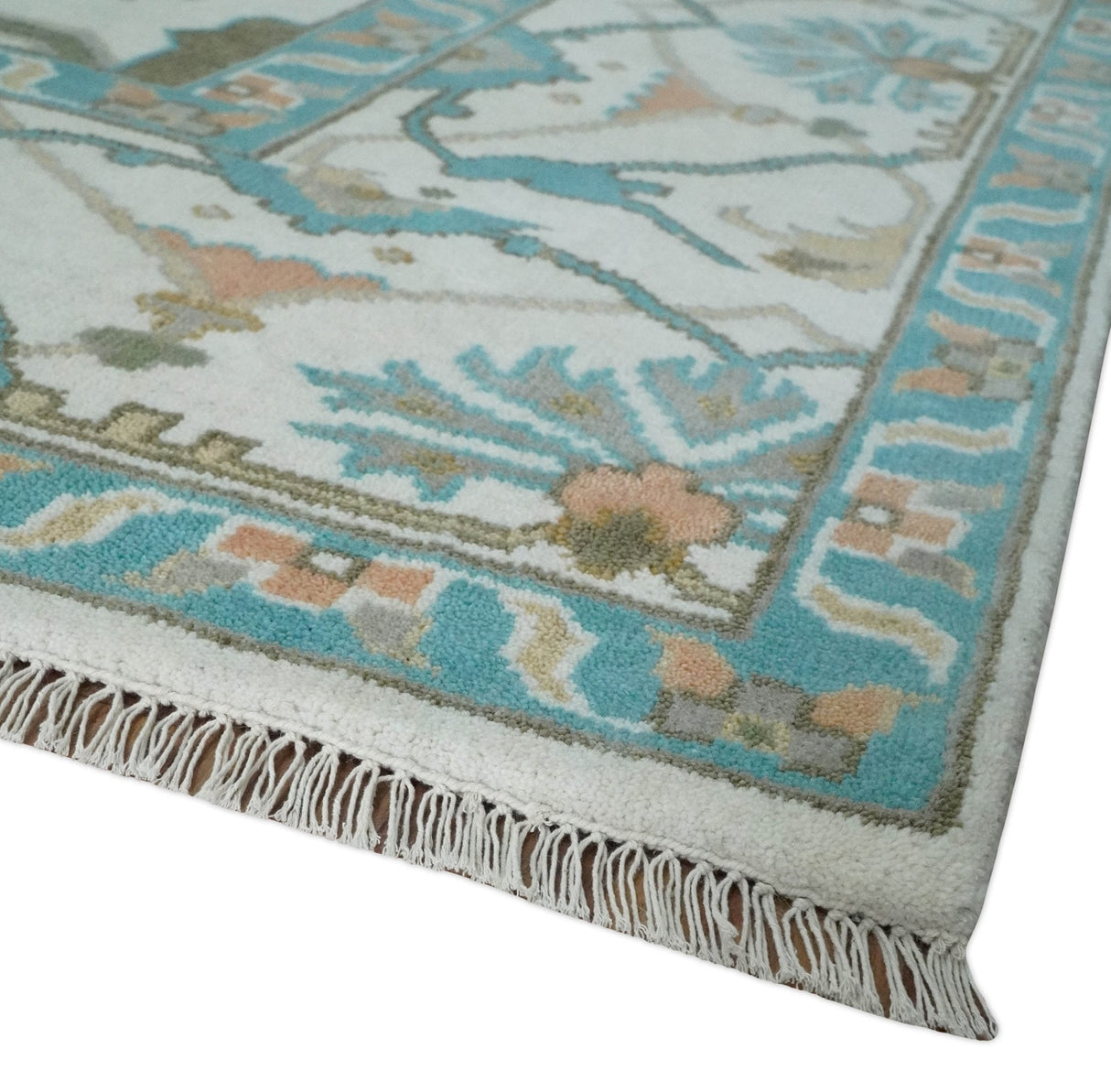 10x14 Ivory and Teal Hand knotted Oriental Oushak Traditional Wool Area Rug