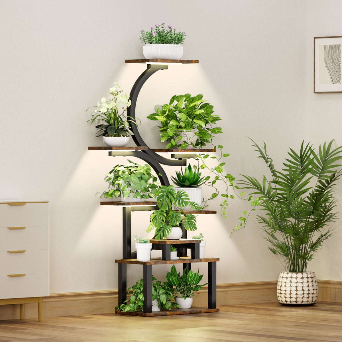 8 Tier Indoor Plant Stand With 5 Grow Lights - Rustic Brown