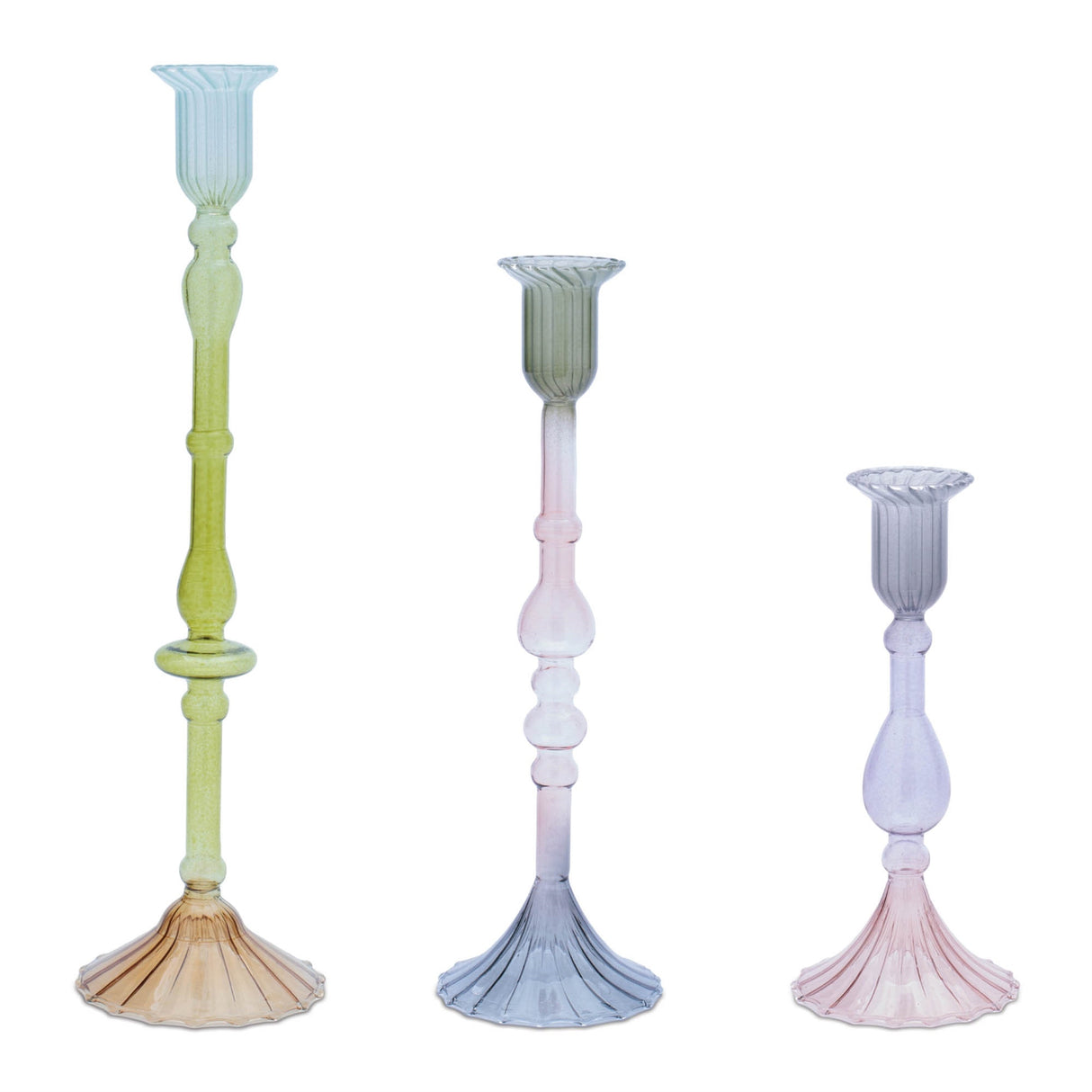 Multicolored Glass Taper Candle Holder (Set - 3)