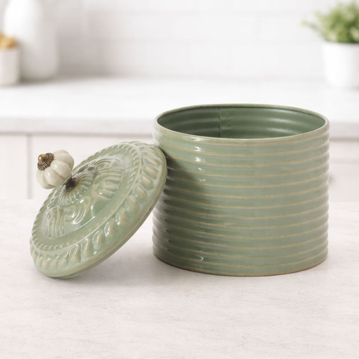 Ribbed Metal Canister with Lid 8"H; Green