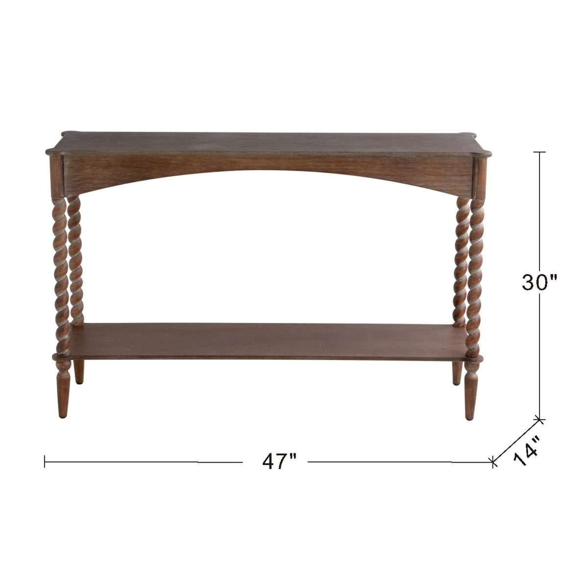 47x14x30" Rustic Brown Wood Console Table with Turned Spiral Legs and Lower Shelf